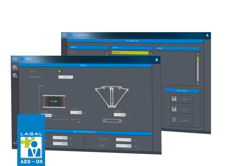 LASAL Add-Ons: interfaccia utente per configurazione moduli di trasporto, misurazione e controllo. Supporta sistemi HMI e PLC.