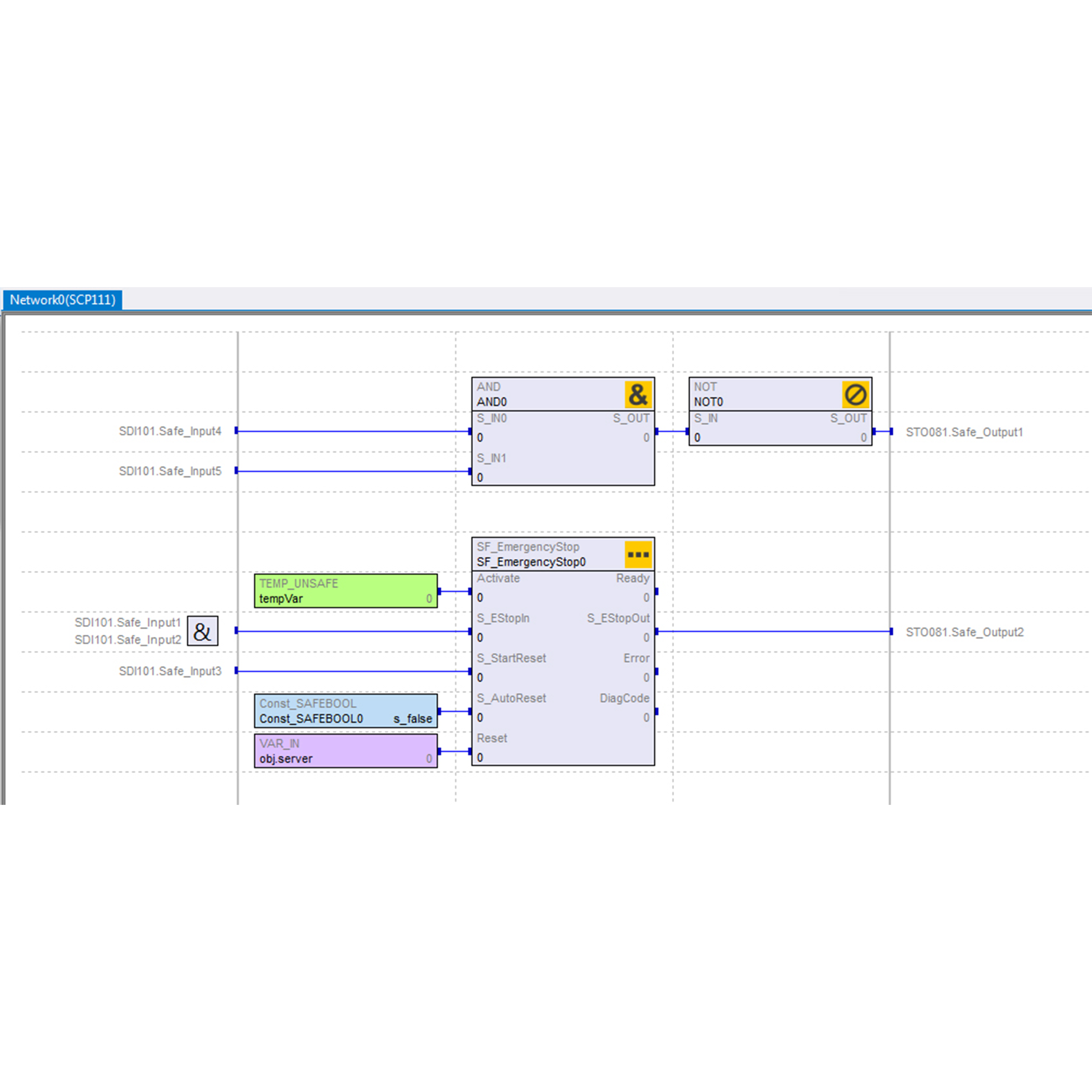 Nell’editor grafico integrato, è possibile posizionare facilmente blocchi funzione e I/O tramite Drag & Drop e collegarli alle variabili non sicure del PLC.