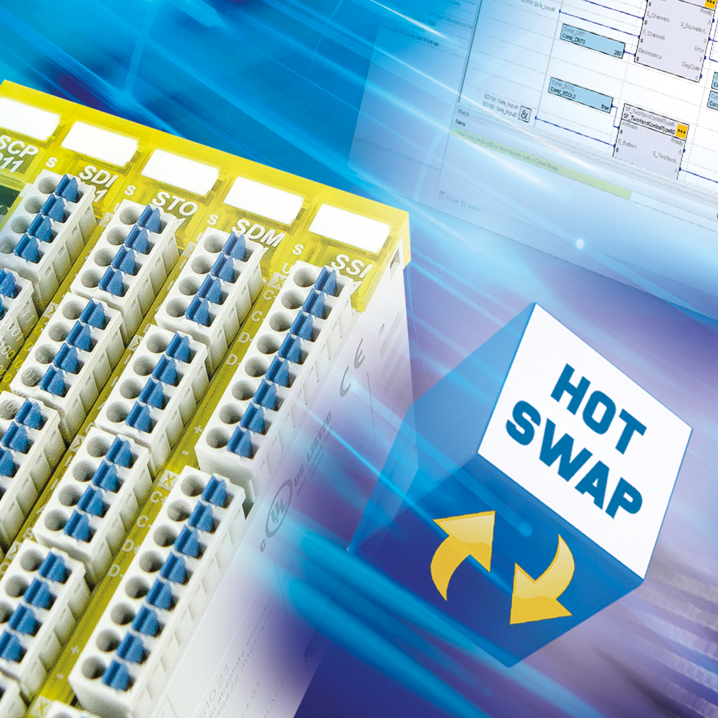 Con la soluzione software “Hot-Swap” per il sistema S-DIAS Safety, le macchine modulari e le unità di impianto dotate di funzione di arresto di emergenza possono essere raggruppate o modificate in modo flessibile